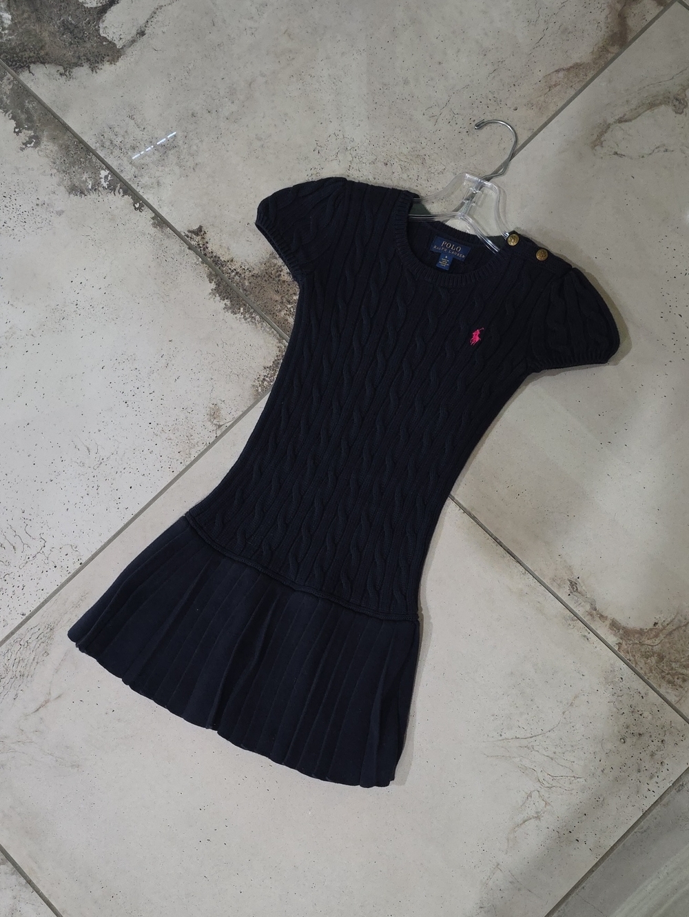 7Polo by Ralph Lauren Navy Cable Knit Sweater with Pink Pony 100% Cotton